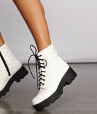 Glam It Up Faux Leather Quilted Combat Booties are chic ladies' shoes to complete your best 2023 outfits. They come in a variety of trendy women's shoe styles like platforms and dressy low-heels, & are available in wide widths for better comfort.