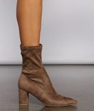 Faux Suede Pointed Toe Sock Booties are chic ladies' shoes to complete your best 2023 outfits. They come in a variety of trendy women's shoe styles like platforms and dressy low-heels, & are available in wide widths for better comfort.