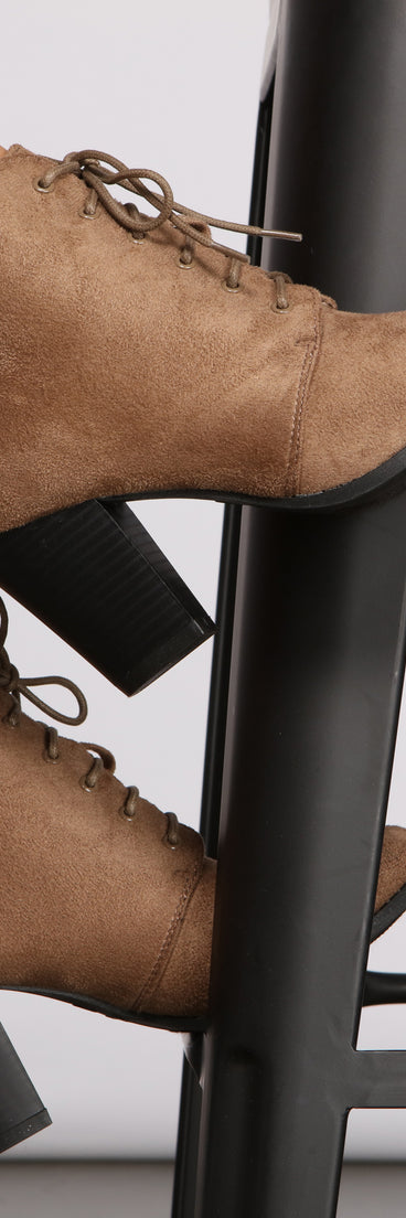 Faux Suede Lace-Up Block Heel Booties are chic ladies' shoes to complete your best 2023 outfits. They come in a variety of trendy women's shoe styles like platforms and dressy low-heels, & are available in wide widths for better comfort.