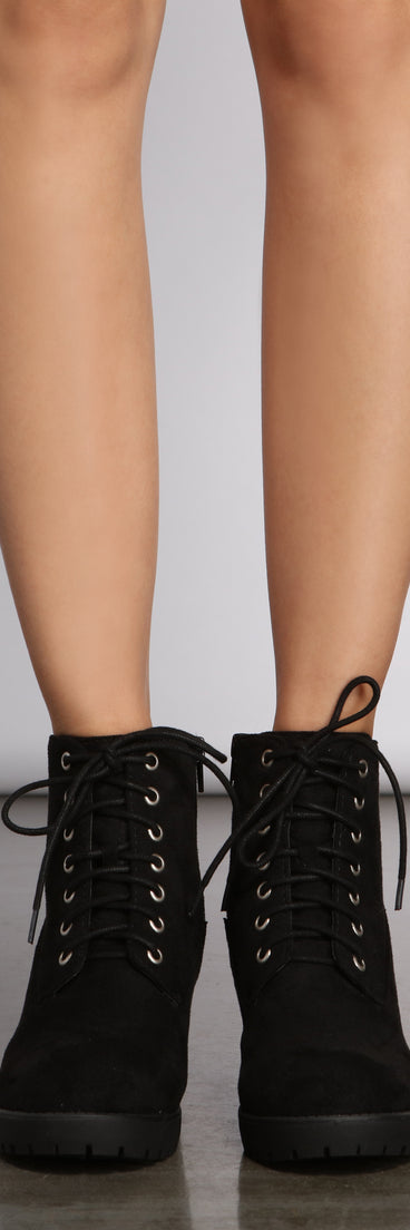 Lace Up Faux Suede Lug Booties are chic ladies' shoes to complete your best 2023 outfits. They come in a variety of trendy women's shoe styles like platforms and dressy low-heels, & are available in wide widths for better comfort.