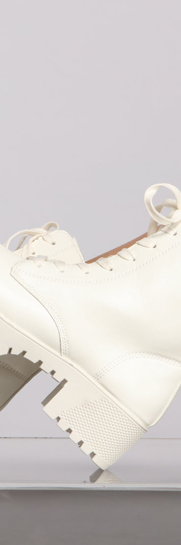 Edgy Vibes Faux Leather Combat Booties are chic ladies' shoes to complete your best 2023 outfits. They come in a variety of trendy women's shoe styles like platforms and dressy low-heels, & are available in wide widths for better comfort.