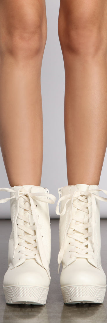 Edgy Vibes Faux Leather Combat Booties are chic ladies' shoes to complete your best 2023 outfits. They come in a variety of trendy women's shoe styles like platforms and dressy low-heels, & are available in wide widths for better comfort.