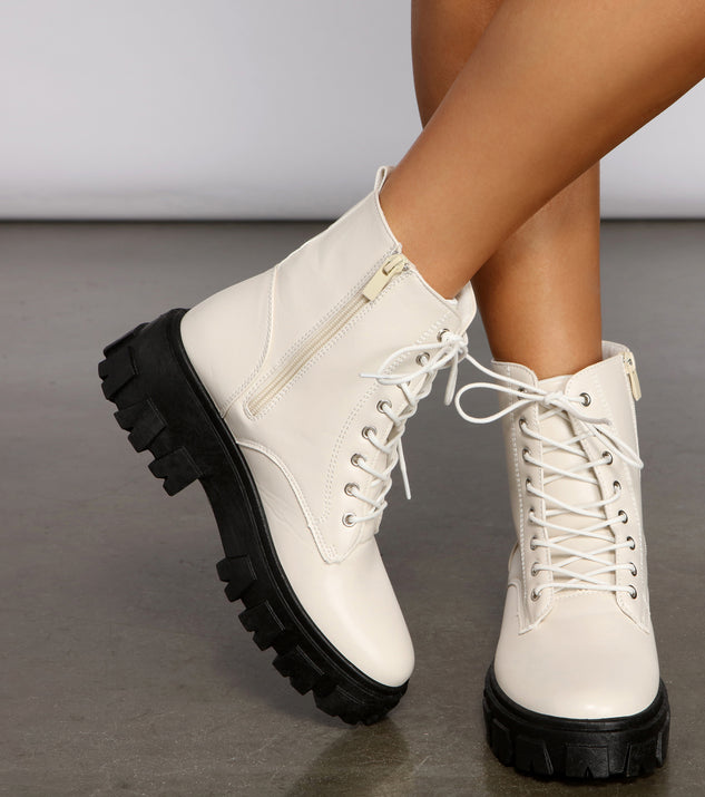 Glamour Rebel Faux Leather Lug Booties is a trendy pick to create 2023 concert outfits, festival dresses, outfits for raves, or to complete your best party outfits or clubwear!