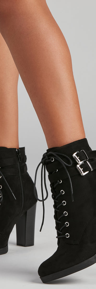 Edge It Up Buckle Strap Lace-Up Booties are chic ladies' shoes to complete your best 2023 outfits. They come in a variety of trendy women's shoe styles like platforms and dressy low-heels, & are available in wide widths for better comfort.