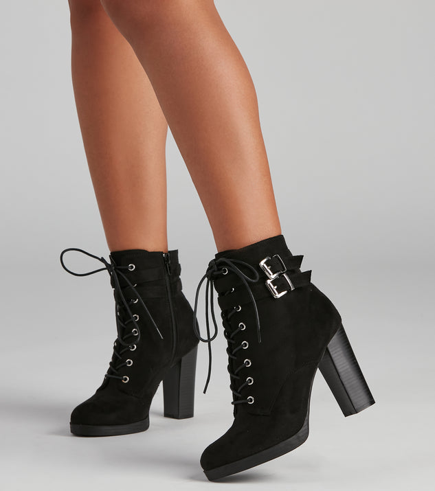 Edge It Up Buckle Strap Lace-Up Booties are chic ladies' shoes to complete your best 2023 outfits. They come in a variety of trendy women's shoe styles like platforms and dressy low-heels, & are available in wide widths for better comfort.