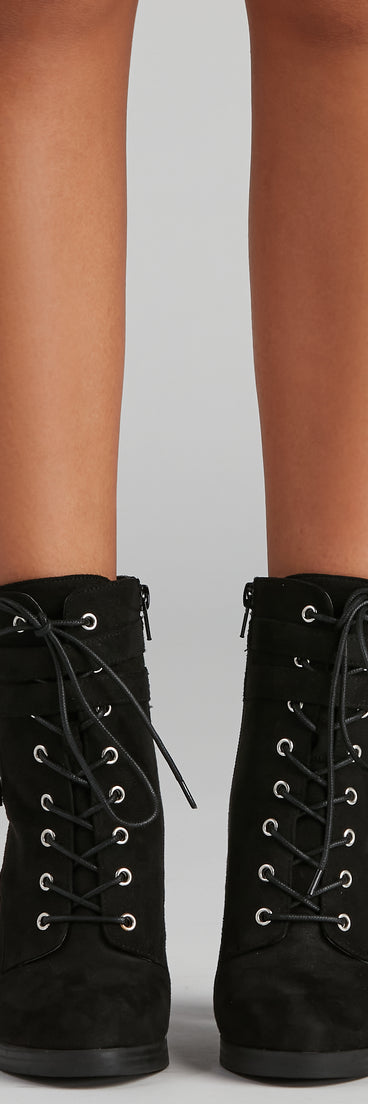 Edge It Up Buckle Strap Lace-Up Booties are chic ladies' shoes to complete your best 2023 outfits. They come in a variety of trendy women's shoe styles like platforms and dressy low-heels, & are available in wide widths for better comfort.