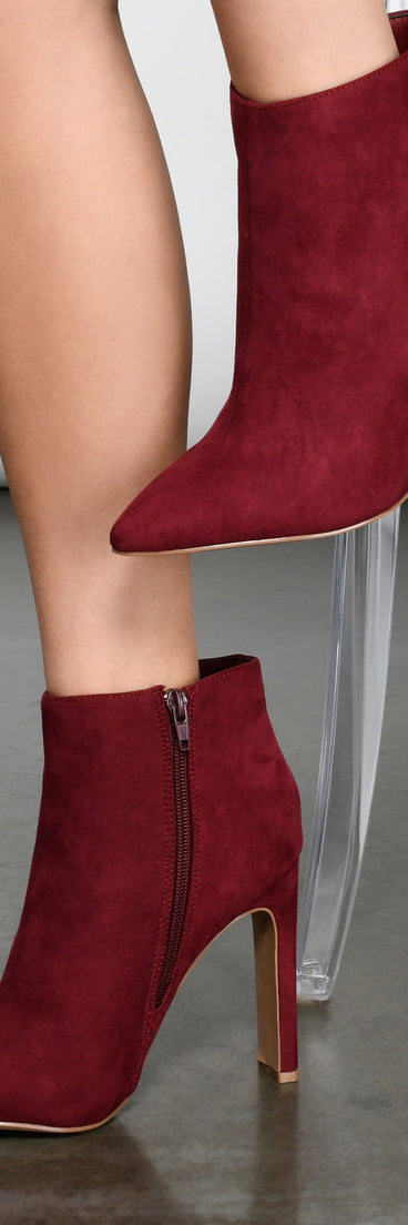 Uptown Girl Faux Suede Pointed Toe Booties for 2022 festival outfits, festival dress, outfits for raves, concert outfits, and/or club outfits