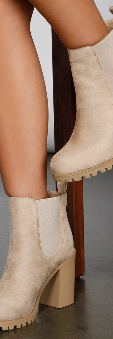 Glam N' Edgy Faux Suede Lug Booties is a trendy pick to create 2023 concert outfits, festival dresses, outfits for raves, or to complete your best party outfits or clubwear!