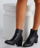 Chic Croc-Embossed Faux Leather Booties are chic ladies' shoes to complete your best 2023 outfits. They come in a variety of trendy women's shoe styles like platforms and dressy low-heels, & are available in wide widths for better comfort.