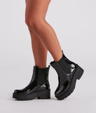 In The Name Of Lug Patent Booties is a trendy pick to create 2023 concert outfits, festival dresses, outfits for raves, or to complete your best party outfits or clubwear!