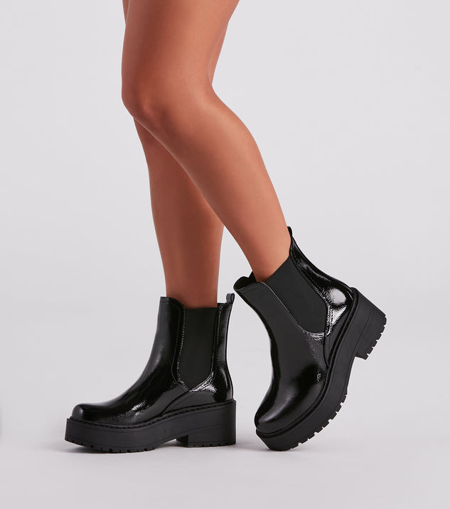 In The Name Of Lug Patent Booties is a trendy pick to create 2023 concert outfits, festival dresses, outfits for raves, or to complete your best party outfits or clubwear!
