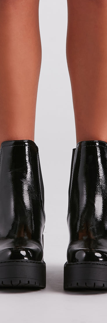 In The Name Of Lug Patent Booties are chic ladies' shoes to complete your best 2023 outfits. They come in a variety of trendy women's shoe styles like platforms and dressy low-heels, & are available in wide widths for better comfort.