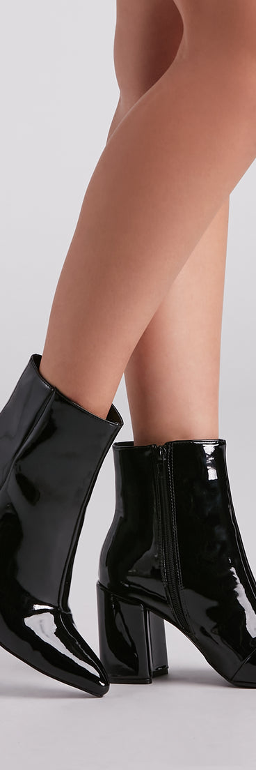Sleek Strides Patent Faux Leather Booties is a trendy pick to create 2023 concert outfits, festival dresses, outfits for raves, or to complete your best party outfits or clubwear!
