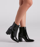 Sleek Strides Patent Faux Leather Booties is a trendy pick to create 2023 concert outfits, festival dresses, outfits for raves, or to complete your best party outfits or clubwear!