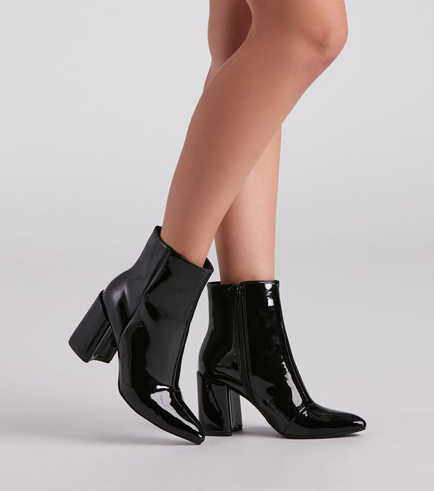 Sleek Strides Patent Faux Leather Booties is a trendy pick to create 2023 concert outfits, festival dresses, outfits for raves, or to complete your best party outfits or clubwear!