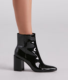 Sleek Strides Patent Faux Leather Booties is a trendy pick to create 2023 concert outfits, festival dresses, outfits for raves, or to complete your best party outfits or clubwear!