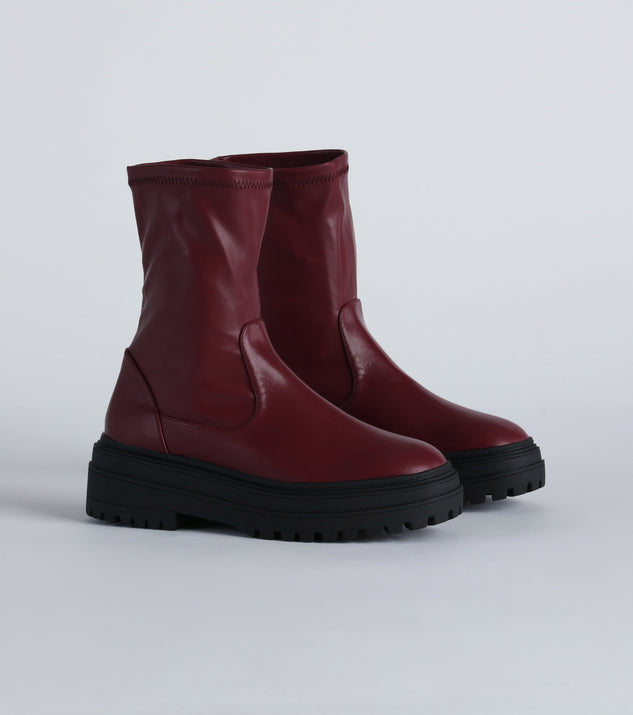 Snapklik.com : Riding Combat Boot Round Toe Chunky Heels Red Mid Calf Boots  For Women 7.5 M US