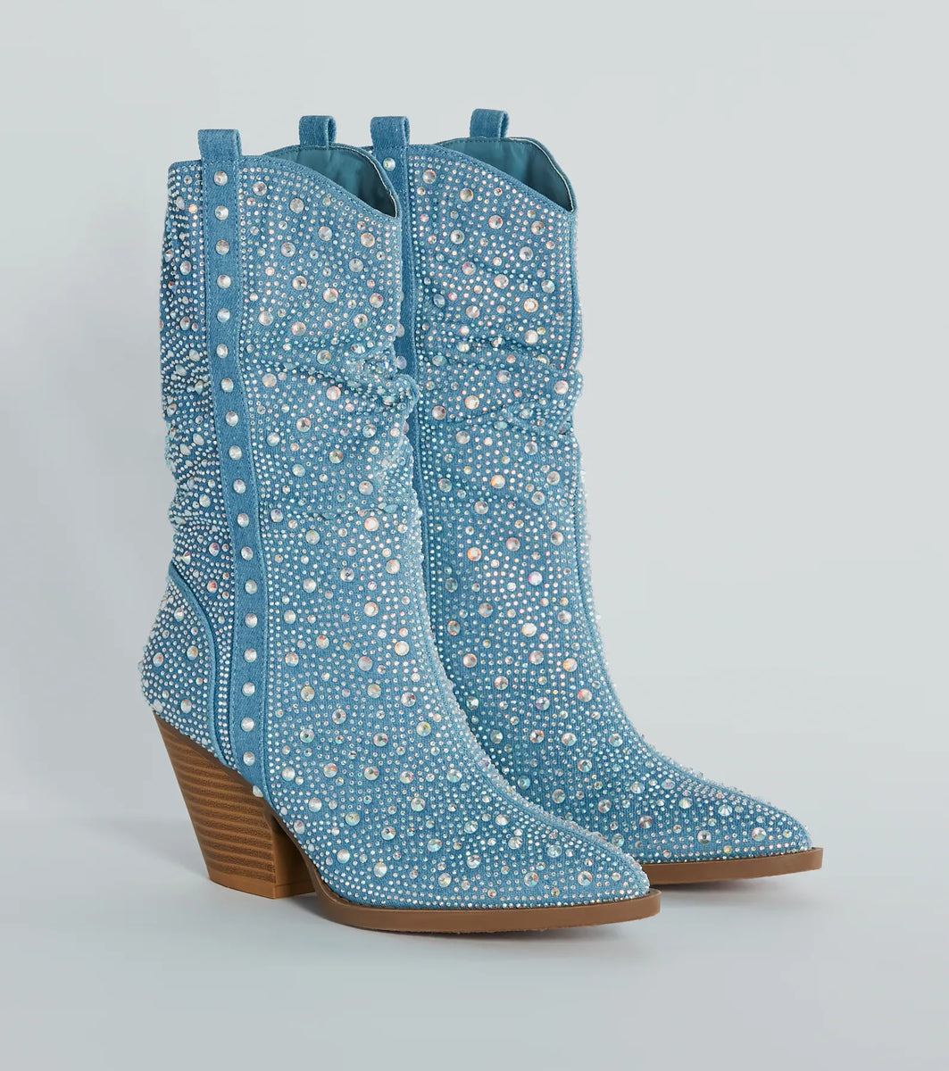 Sparkle Girl Rhinestone Denim Cowboy Boots