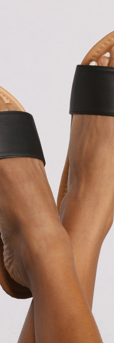 Slide Into Basics Faux Leather Sandals are chic ladies' shoes to complete your best 2023 outfits. They come in a variety of trendy women's shoe styles like platforms and dressy low-heels, & are available in wide widths for better comfort.