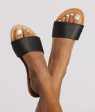 Slide Into Basics Faux Leather Sandals are chic ladies' shoes to complete your best 2023 outfits. They come in a variety of trendy women's shoe styles like platforms and dressy low-heels, & are available in wide widths for better comfort.