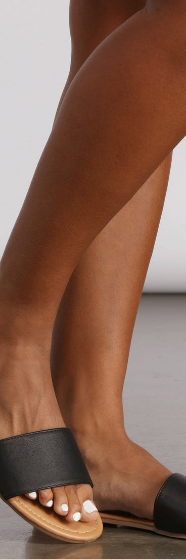 Slide Into Basics Faux Leather Sandals are chic ladies' shoes to complete your best 2023 outfits. They come in a variety of trendy women's shoe styles like platforms and dressy low-heels, & are available in wide widths for better comfort.