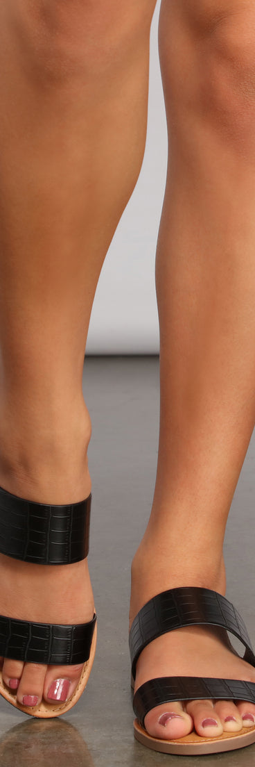 Wide Fit Double Band Croc-Embossed Sandals are chic ladies' shoes to complete your best 2023 outfits. They come in a variety of trendy women's shoe styles like platforms and dressy low-heels, & are available in wide widths for better comfort.