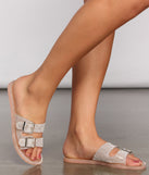 Double Buckle Band Rhinestone Slides are chic ladies' shoes to complete your best 2023 outfits. They come in a variety of trendy women's shoe styles like platforms and dressy low-heels, & are available in wide widths for better comfort.
