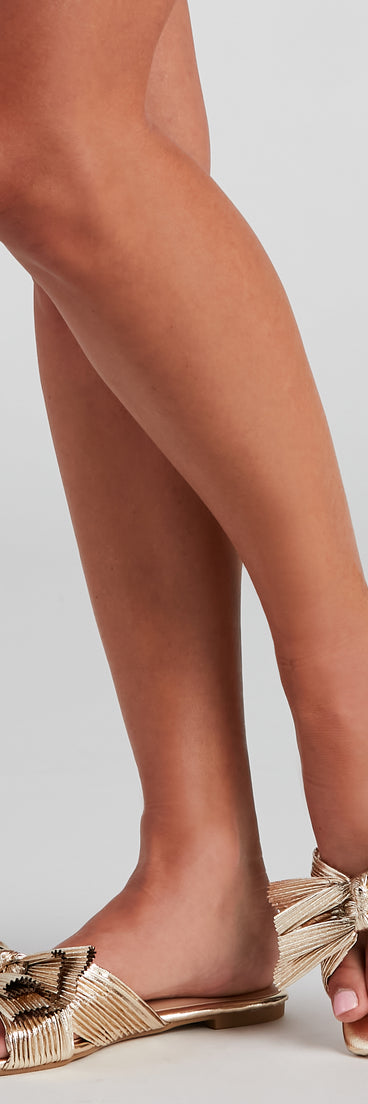 Glitzy Metallic Bow Sandals are chic ladies' shoes to complete your best 2023 outfits. They come in a variety of trendy women's shoe styles like platforms and dressy low-heels, & are available in wide widths for better comfort.