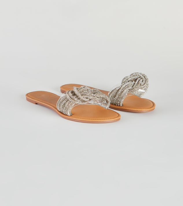 Tie The Knot Rhinestone Flat Sandals are chic ladies' shoes to complete your best 2023 outfits. They come in a variety of trendy women's shoe styles like platforms and dressy low-heels, & are available in wide widths for better comfort.