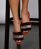 Rhinestone Whiskey Girl Fluffy Slide Sandals are chic ladies' shoes to complete your best 2023 outfits. They come in a variety of trendy women's shoe styles like platforms and dressy low-heels, & are available in wide widths for better comfort.