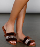 Rhinestone Whiskey Girl Fluffy Slide Sandals are chic ladies' shoes to complete your best 2023 outfits. They come in a variety of trendy women's shoe styles like platforms and dressy low-heels, & are available in wide widths for better comfort.