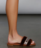 Rhinestone Whiskey Girl Fluffy Slide Sandals are chic ladies' shoes to complete your best 2023 outfits. They come in a variety of trendy women's shoe styles like platforms and dressy low-heels, & are available in wide widths for better comfort.