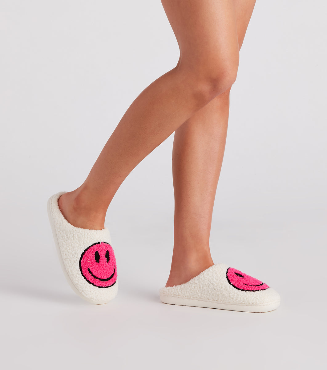 Be Happy Face Faux Sherpa Slippers