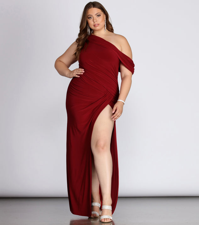 Plus Kaleigh Off Shoulder Dress is a stunning choice for a bridesmaid dress or maid of honor dress, and to feel beautiful at Homecoming 2023, fall or winter weddings, formals, & military balls!