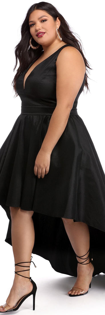 Plus Selena Taffeta High Low Dress provides gorgeous formal dress style to feel beautiful for Homecoming 2023, Bridesmaids, Wedding Guests, Winter Formal Dance, Military Balls, and Prom.