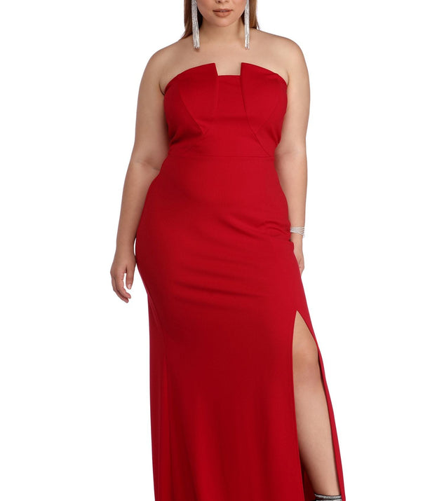 Plus Katlyn Strapless Crepe Dress provides gorgeous formal dress style to feel beautiful for Homecoming 2023, Bridesmaids, Wedding Guests, Winter Formal Dance, Military Balls, and Prom.
