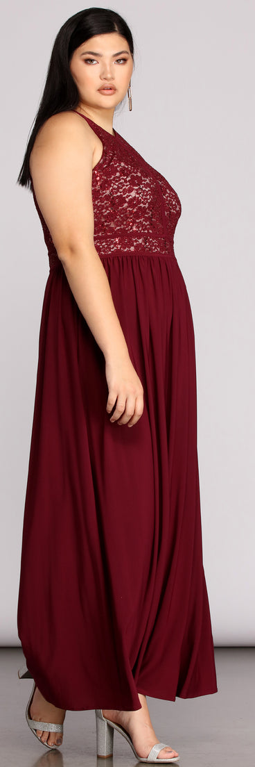 Plus Beth Formal Lace Dress provides gorgeous formal dress style to feel beautiful for Homecoming 2023, Bridesmaids, Wedding Guests, Winter Formal Dance, Military Balls, and Prom.