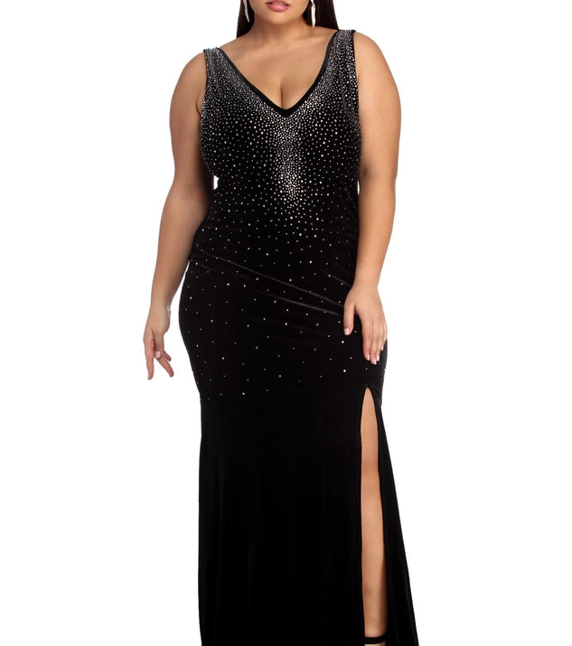 Plus Leanna Formal Heat Stone Dress provides gorgeous formal dress style to feel beautiful for Homecoming 2023, Bridesmaids, Wedding Guests, Winter Formal Dance, Military Balls, and Prom.