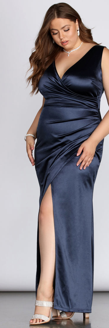 Plus Evelyn Formal Wrap Satin Dress provides gorgeous formal dress style to feel beautiful for Homecoming 2023, Bridesmaids, Wedding Guests, Winter Formal Dance, Military Balls, and Prom.