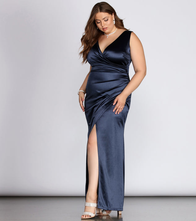 Plus Evelyn Formal Wrap Satin Dress provides gorgeous formal dress style to feel beautiful for Homecoming 2023, Bridesmaids, Wedding Guests, Winter Formal Dance, Military Balls, and Prom.