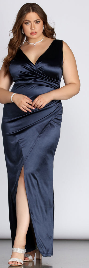 Plus Evelyn Formal Wrap Satin Dress provides gorgeous formal dress style to feel beautiful for Homecoming 2023, Bridesmaids, Wedding Guests, Winter Formal Dance, Military Balls, and Prom.