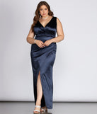 Plus Evelyn Formal Wrap Satin Dress provides gorgeous formal dress style to feel beautiful for Homecoming 2023, Bridesmaids, Wedding Guests, Winter Formal Dance, Military Balls, and Prom.