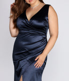 Plus Evelyn Formal Wrap Satin Dress provides gorgeous formal dress style to feel beautiful for Homecoming 2023, Bridesmaids, Wedding Guests, Winter Formal Dance, Military Balls, and Prom.