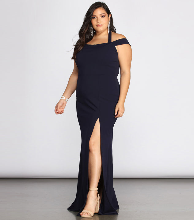 Plus Adelina Formal Halter Crepe Dress is a stunning choice for a bridesmaid dress or maid of honor dress, and to feel beautiful at Homecoming 2023, fall or winter weddings, formals, & military balls!