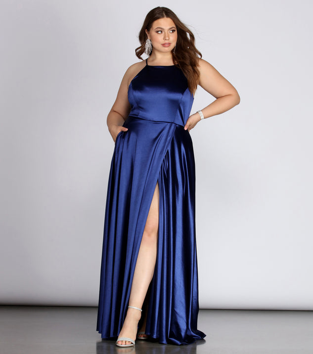 Plus Gabrielle Formal High Slit Satin Dress provides gorgeous formal dress style to feel beautiful for Homecoming 2023, Bridesmaids, Wedding Guests, Winter Formal Dance, Military Balls, and Prom.