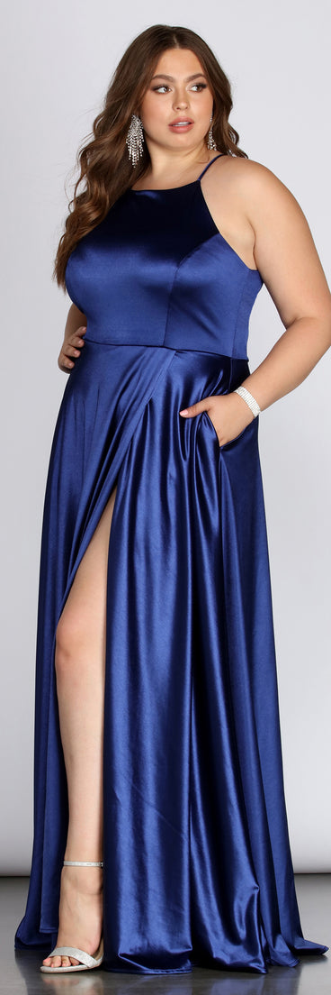Plus Gabrielle Formal High Slit Satin Dress provides gorgeous formal dress style to feel beautiful for Homecoming 2023, Bridesmaids, Wedding Guests, Winter Formal Dance, Military Balls, and Prom.