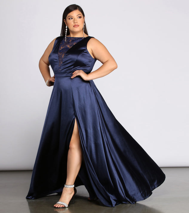 Plus Charlene Formal Satin Lace Dress provides gorgeous formal dress style to feel beautiful for Homecoming 2023, Bridesmaids, Wedding Guests, Winter Formal Dance, Military Balls, and Prom.