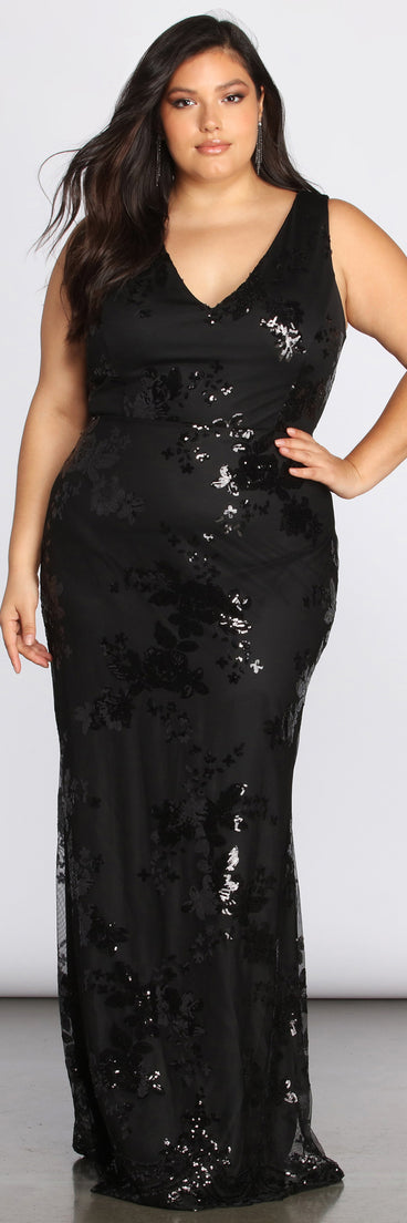 Plus Nima Floral Sequin Dress provides gorgeous formal dress style to feel beautiful for Homecoming 2023, Bridesmaids, Wedding Guests, Winter Formal Dance, Military Balls, and Prom.