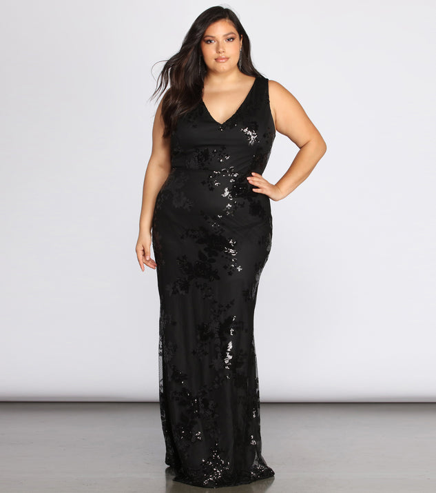 Plus Nima Floral Sequin Dress provides gorgeous formal dress style to feel beautiful for Homecoming 2023, Bridesmaids, Wedding Guests, Winter Formal Dance, Military Balls, and Prom.