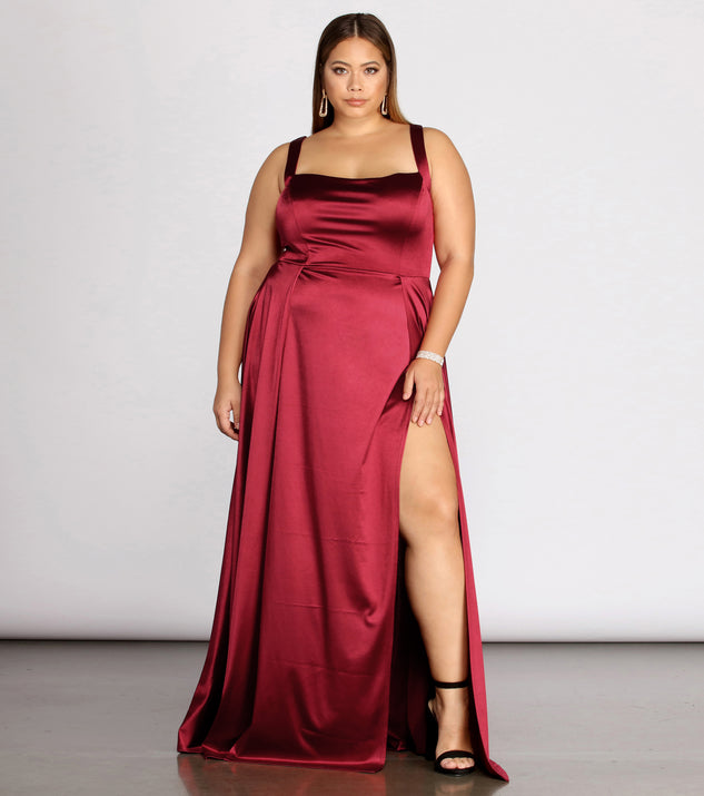 Plus Eve Double Slit Formal Dress provides gorgeous formal dress style to feel beautiful for Homecoming 2023, Bridesmaids, Wedding Guests, Winter Formal Dance, Military Balls, and Prom.